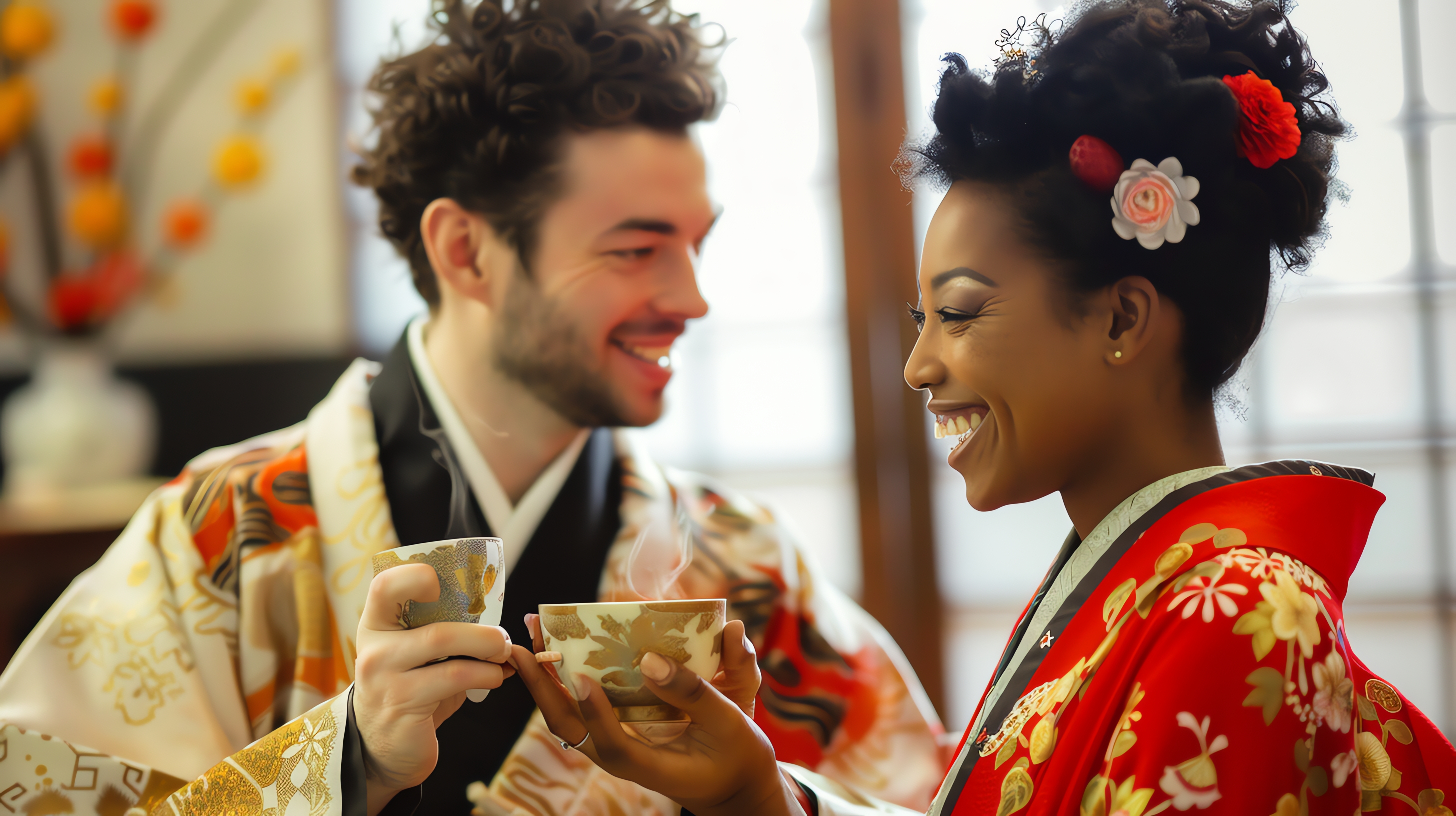 A couple in traditional Japanese clothing share a cup of tea and a laugh.